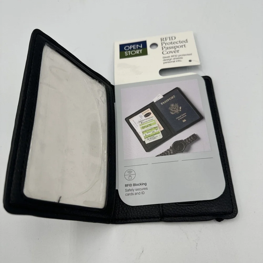 Open Story Passport Cover RFID Protection Black Faux Leather Air Travel Security